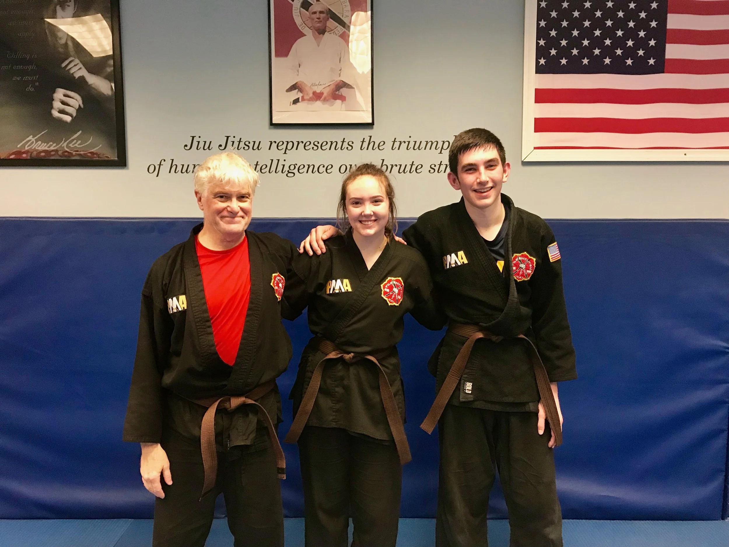 Bill (on the left) alongside two of our younger students, Sadie and Mack. This picture represents the idea that martial arts training is for everyone! Gender and age do not matter!