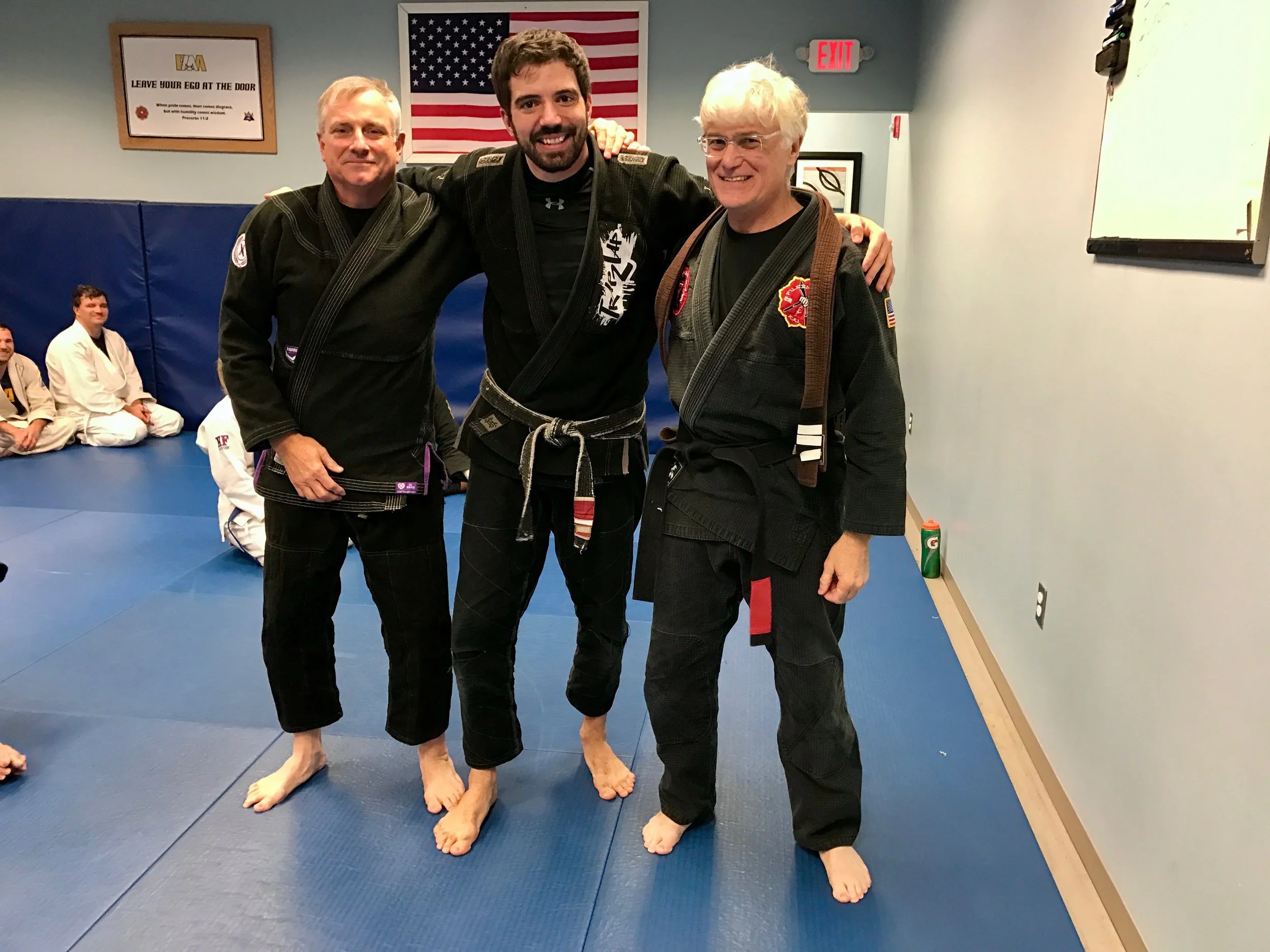 This is Bill on the night he earned his Brazilian Jiu Jitsu Black Belt. This is an unbelievable accomplishment at any age, but especially to do in your 60s! SiJo Bruce Corrigan gave Bill the belt from around his waist that night.