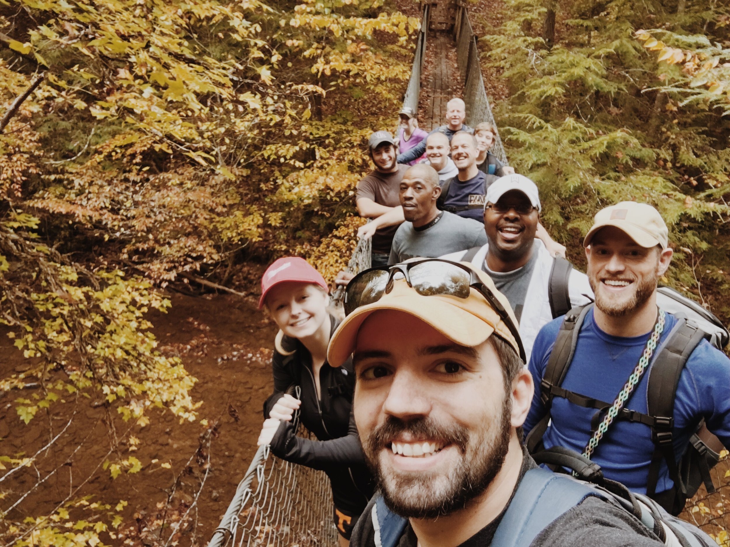 Monty on a fall hike with some of his instructors and training partners.