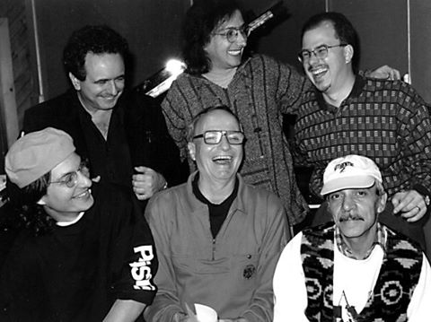 At Manfredo Fest recording session, mid-'90s: Front row: Rogerio Botter Maio, Manfredo Fest, Portinho; Back row: Claudio Roditi, Phil Fest, and Nick.