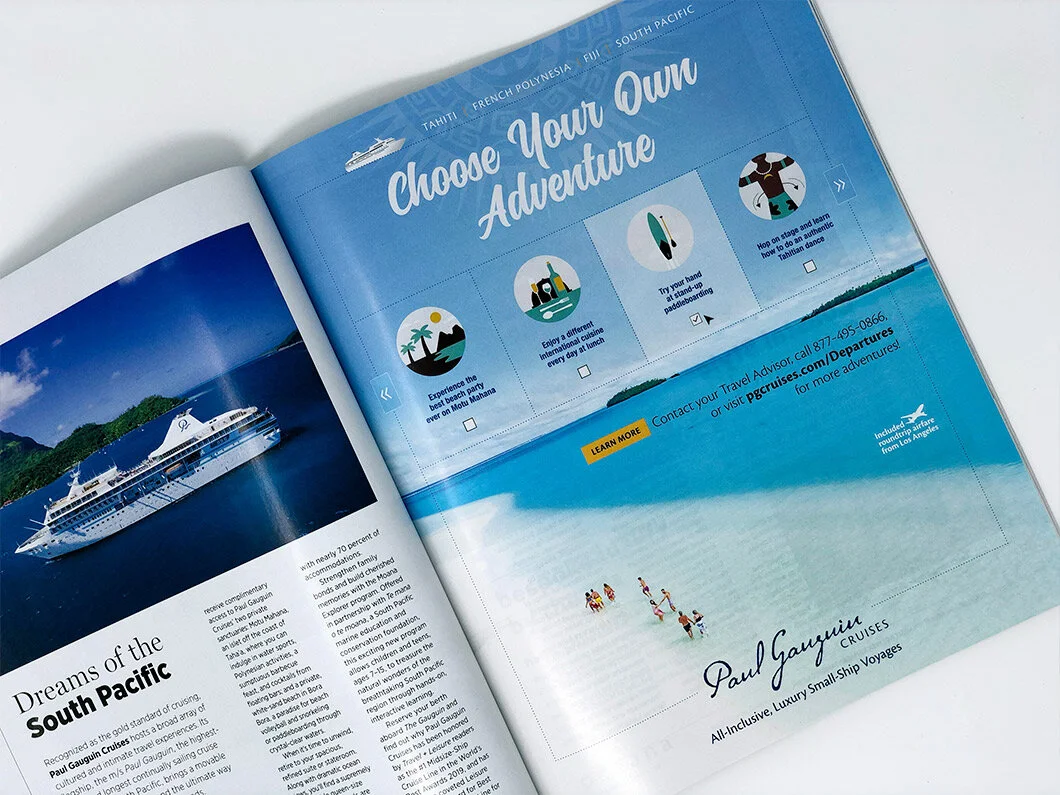 Full page ad promoting our "Choose Your Own Adventure" campaign