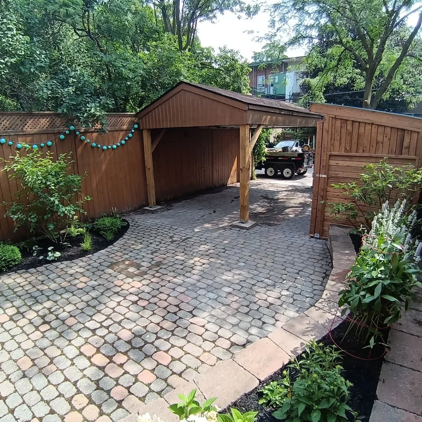 Rénovation de cette cour du Plateau Mont-Royal.  Repose du pavé existant - création de plate-bande et construction d'un cabanon en bois. ✔️