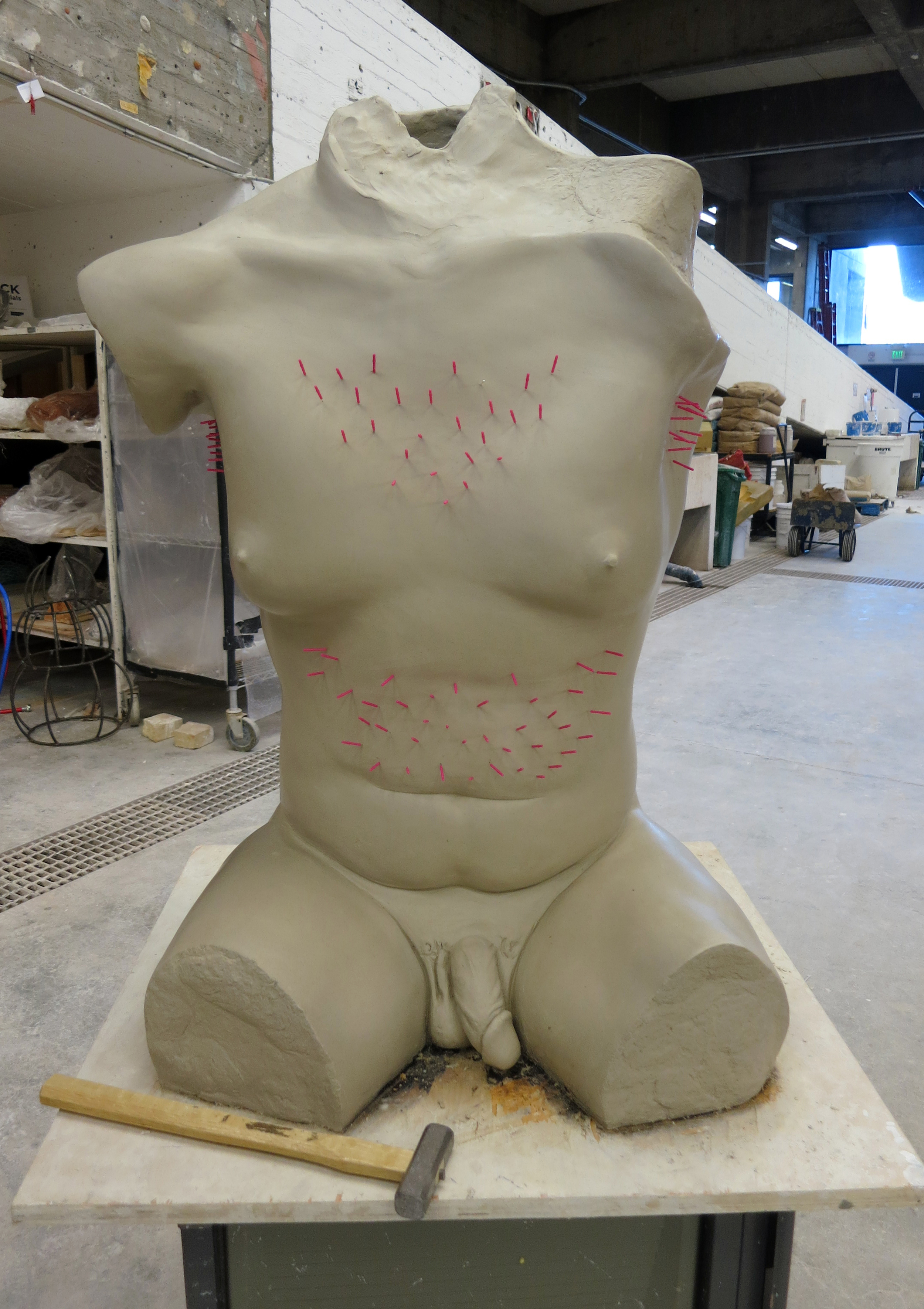   meat sweats, &nbsp;2015. in progress.&nbsp;  pink handled acupuncture needles inserted through leather-hard clay to create tiny holes from which the sculpture 'sweats'&nbsp; 