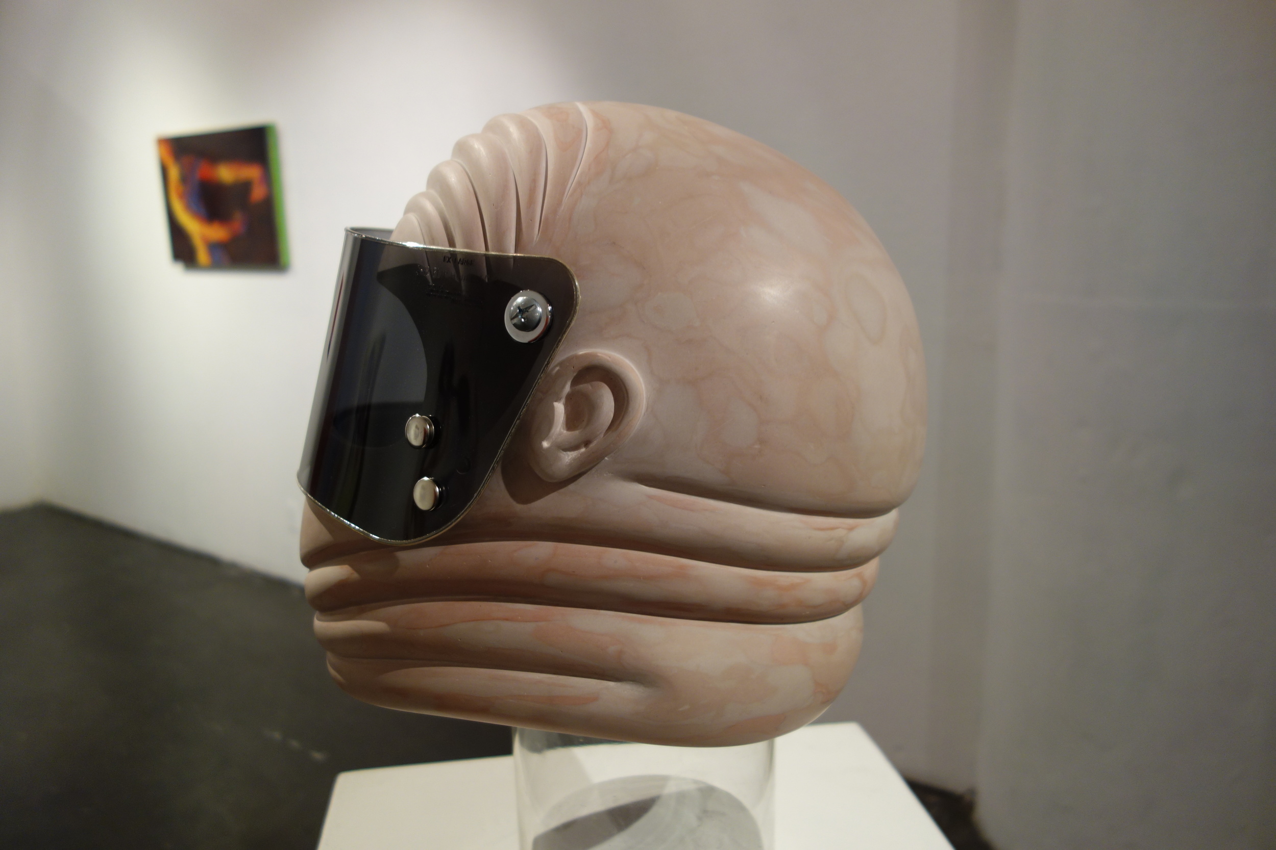    fat dickhead , 2014.    Bondo  ®&nbsp;  body filler putty, fiberglass, plexiglass, brass snaps, styrofoam.&nbsp;    11" x 13" x 13".  