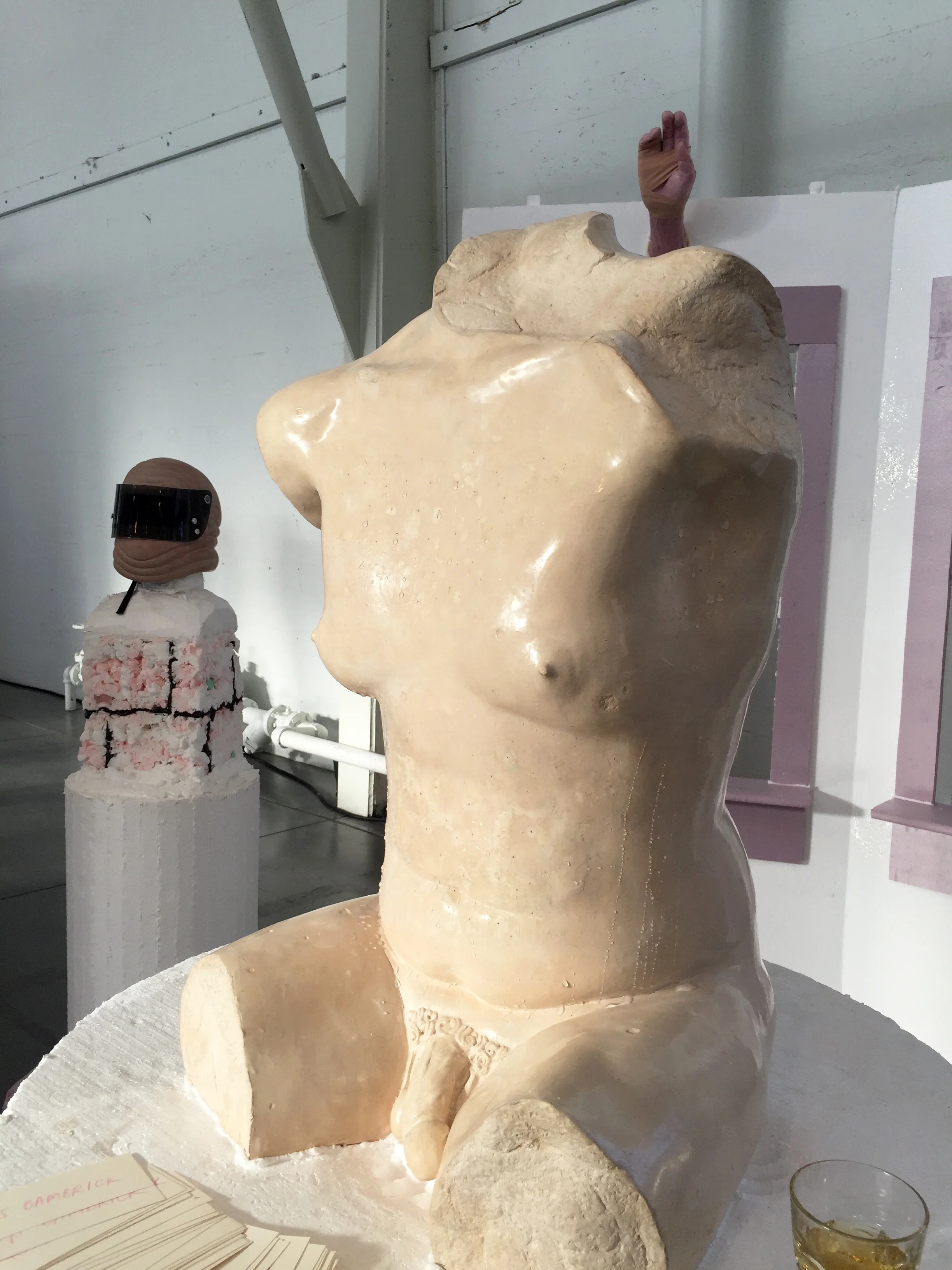 meat sweats, 2015. ceramic (stoneware), wax, fiberglass, plumbing, distilled water, fountain pump. 33"x 24"x 24" video