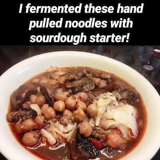Fermented the dough for these noodles with a bit of sourdough starter! They came out amazing! Broth is made with pork neck (previously marinated - fermented? - in very strong homemade kombucha, soy, sugar, garlic ginger and five spice), chickpeas, mu