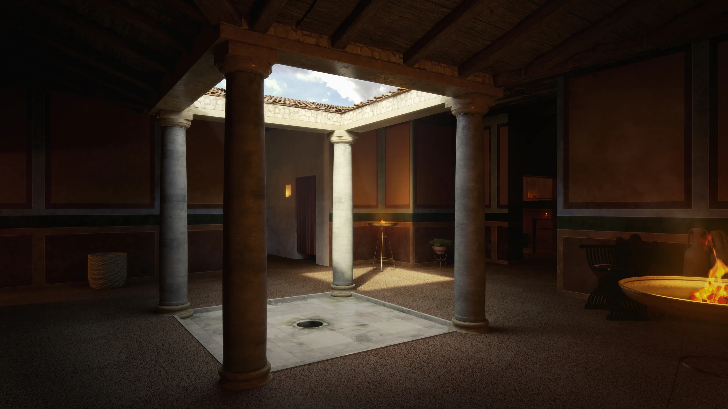Archviz 3d archeological reconstruction of tetrastyle atrium with impluvium of Roman Domus in Nora on Sardinia, Italy