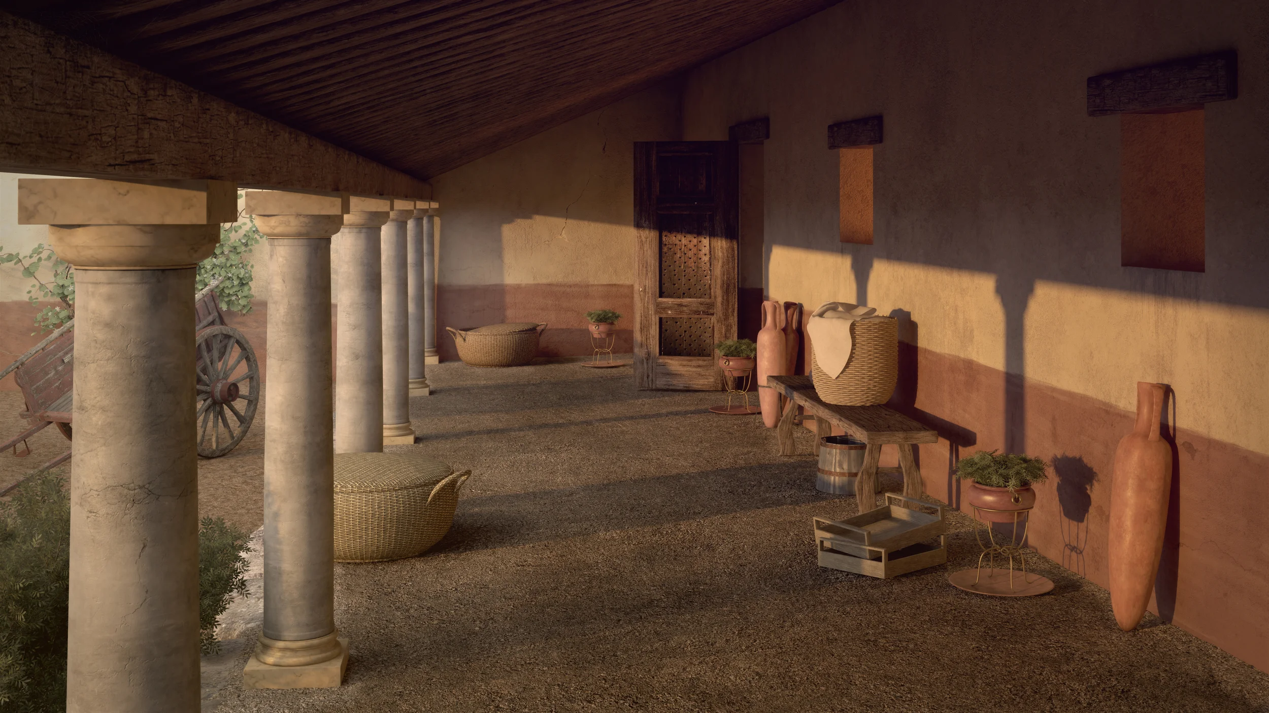Archviz 3d archeological reconstruction of an exterior of Roman Domus in Nora on Sardinia, Italy