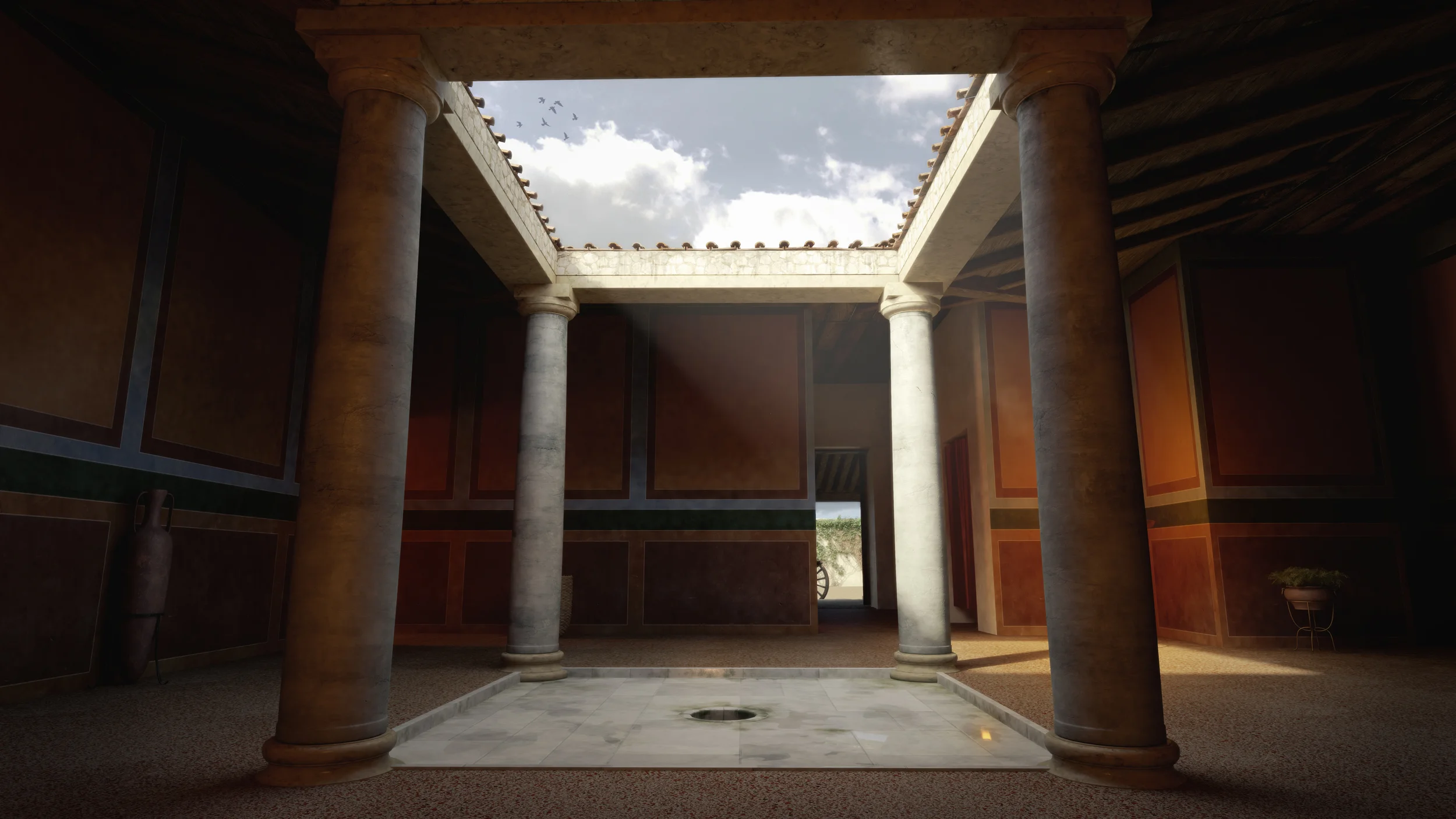 Archviz 3d straight view of archeological reconstruction of tetrastyle atrium with impluvium of Roman Domus in Nora on Sardinia, Italy