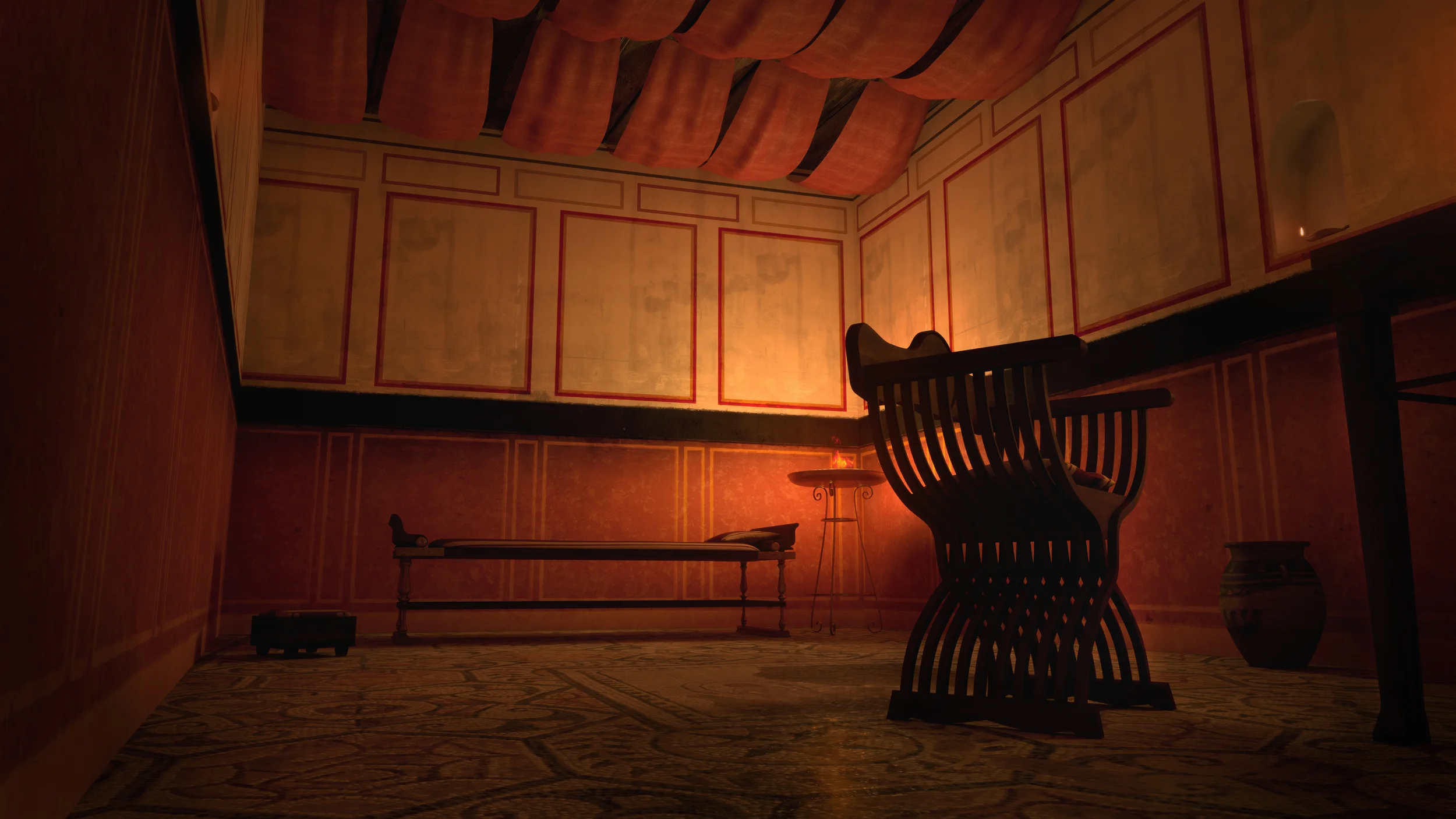Archviz 3d archeological reconstruction of cubiculum bedroom with furniture and wall frescoes in Roman Domus in Nora on Sardinia, Italy