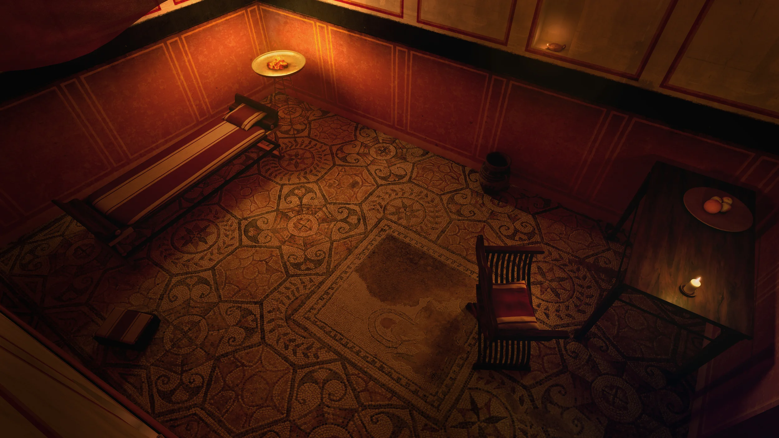 Archviz 3d archeological reconstruction of cubiculum bedroom with furniture, wall frescoes and mosaic in Roman Domus in Nora on Sardinia, Italy