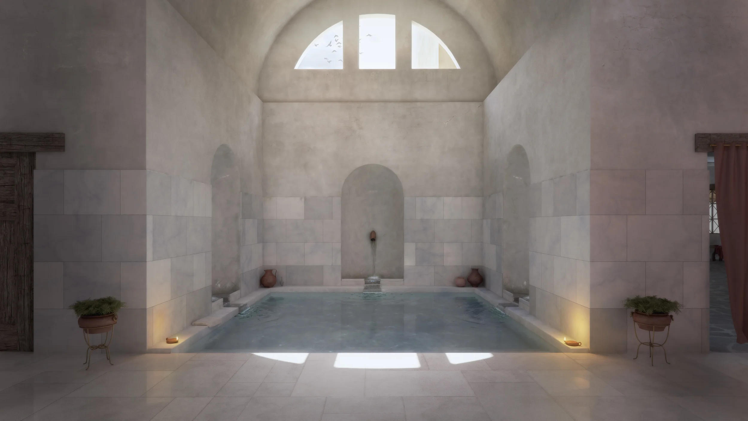 Archviz 3d archeological reconstruction of roman baths (thermae). Frigidarium with cold water pools, jugs and vases in Nora on Sardinia, Italy