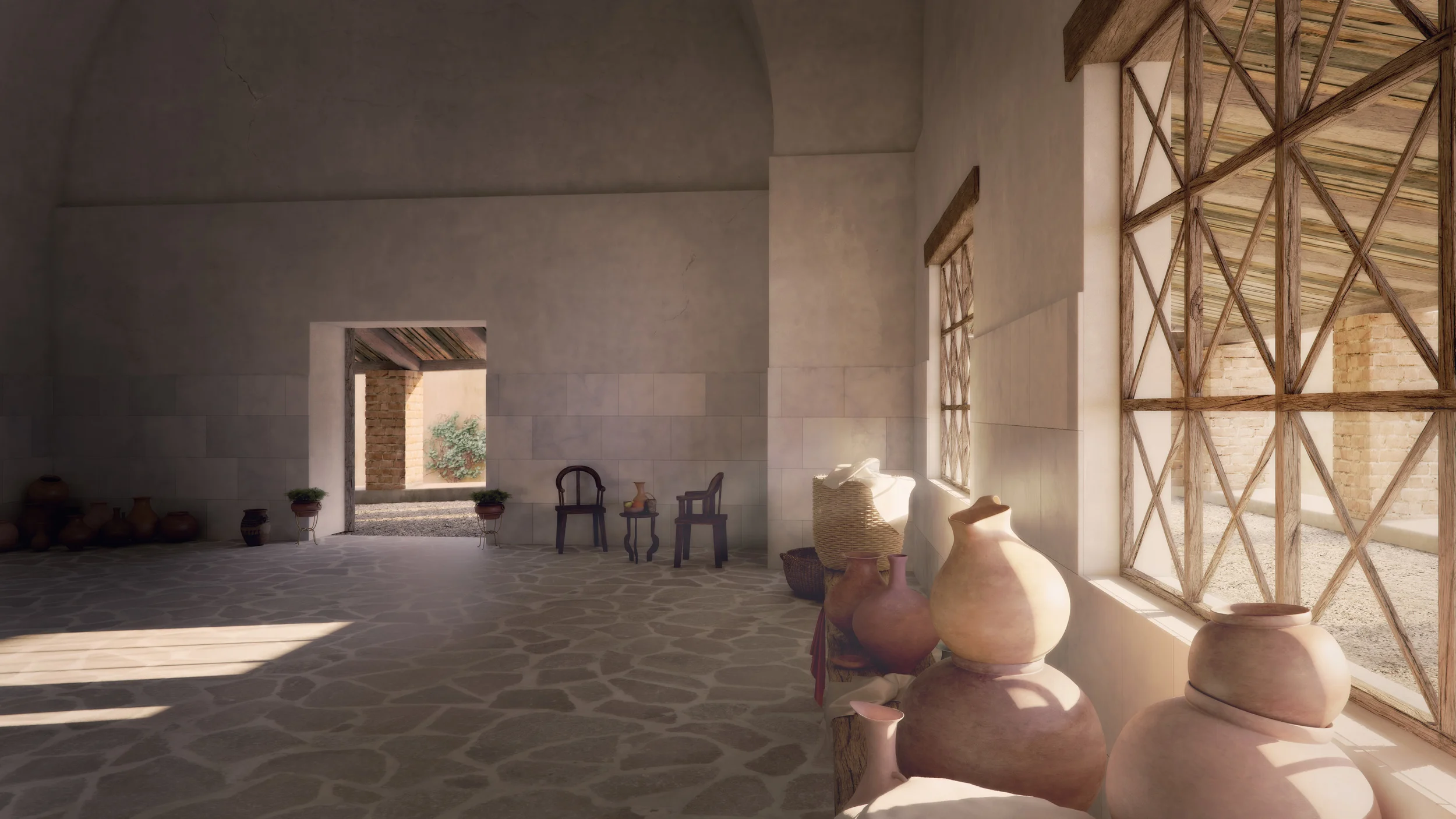 Archviz 3d archeological reconstruction of roman baths (thermae). Atrium with jugs, pitchers and baskets in Nora on Sardinia, Italy