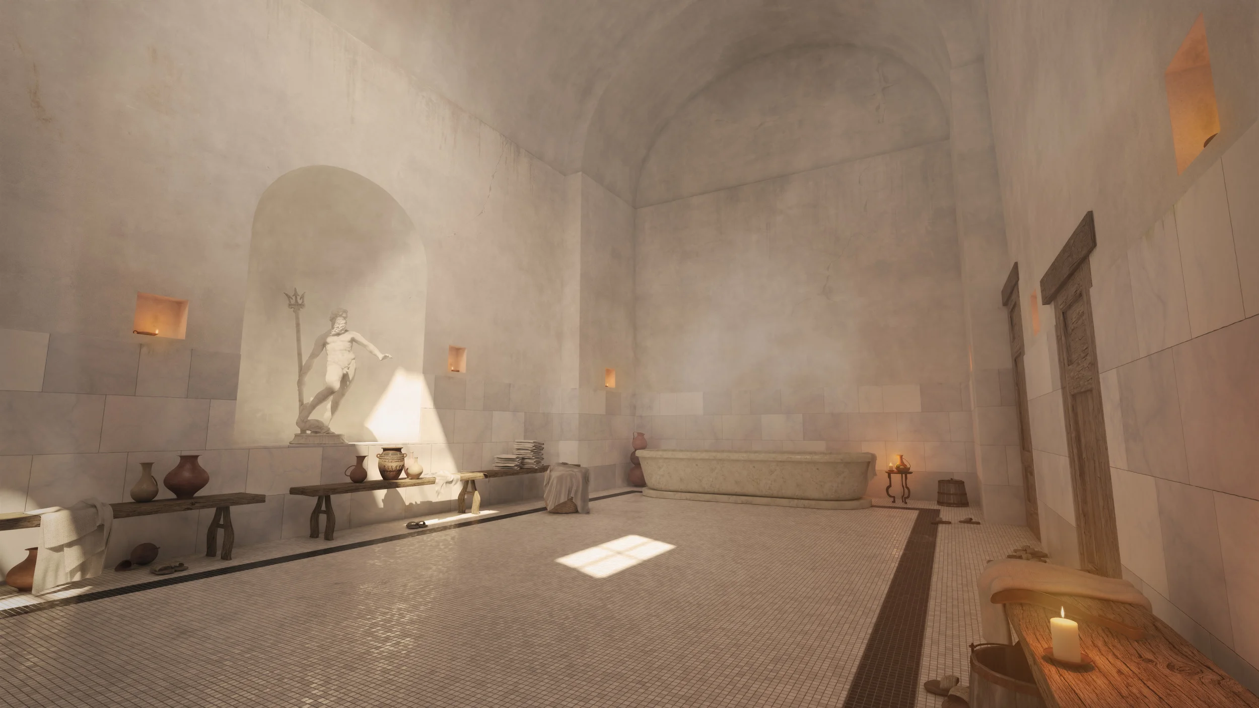 Archviz 3d archeological reconstruction of roman baths (thermae). Calidarium with stigils, towels, jugs, pitchers, baskets and wooden sandals in Nora on Sardinia, Italy