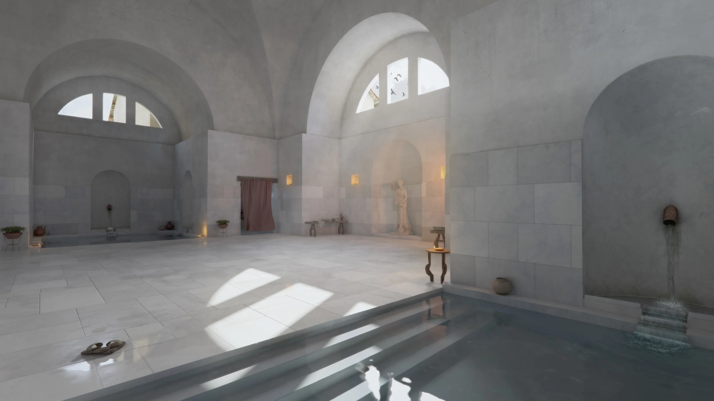 Archviz 3d archeological reconstruction of roman baths (thermae). Frigidarium with cold water pools and a statue in Nora on Sardinia, Italy