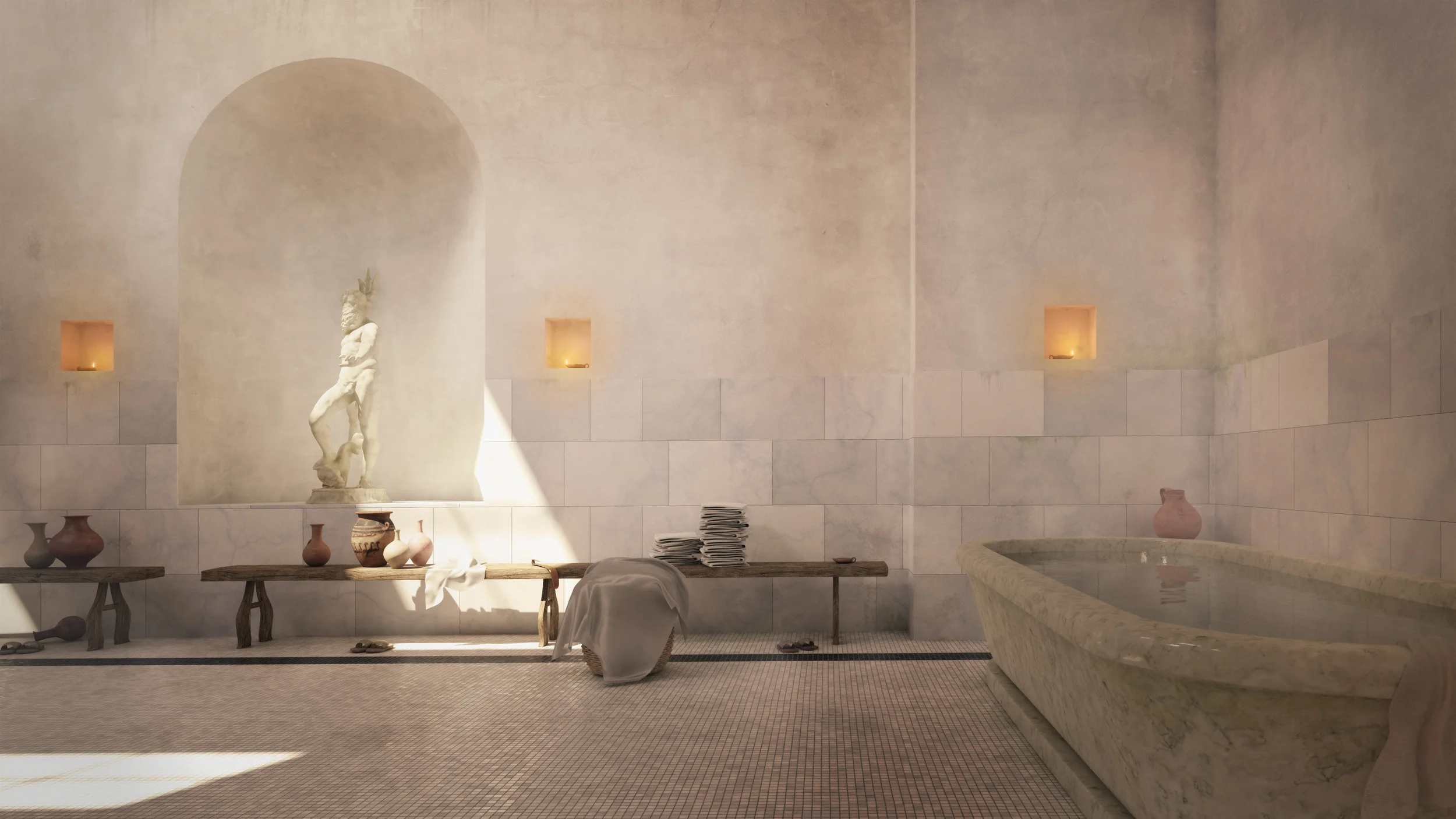 Archviz 3d archeological reconstruction of roman baths (thermae). Calidarium with stigils, jugs, baskets and wooden sandals and a statue of Nuptune in Nora on Sardinia, Italy
