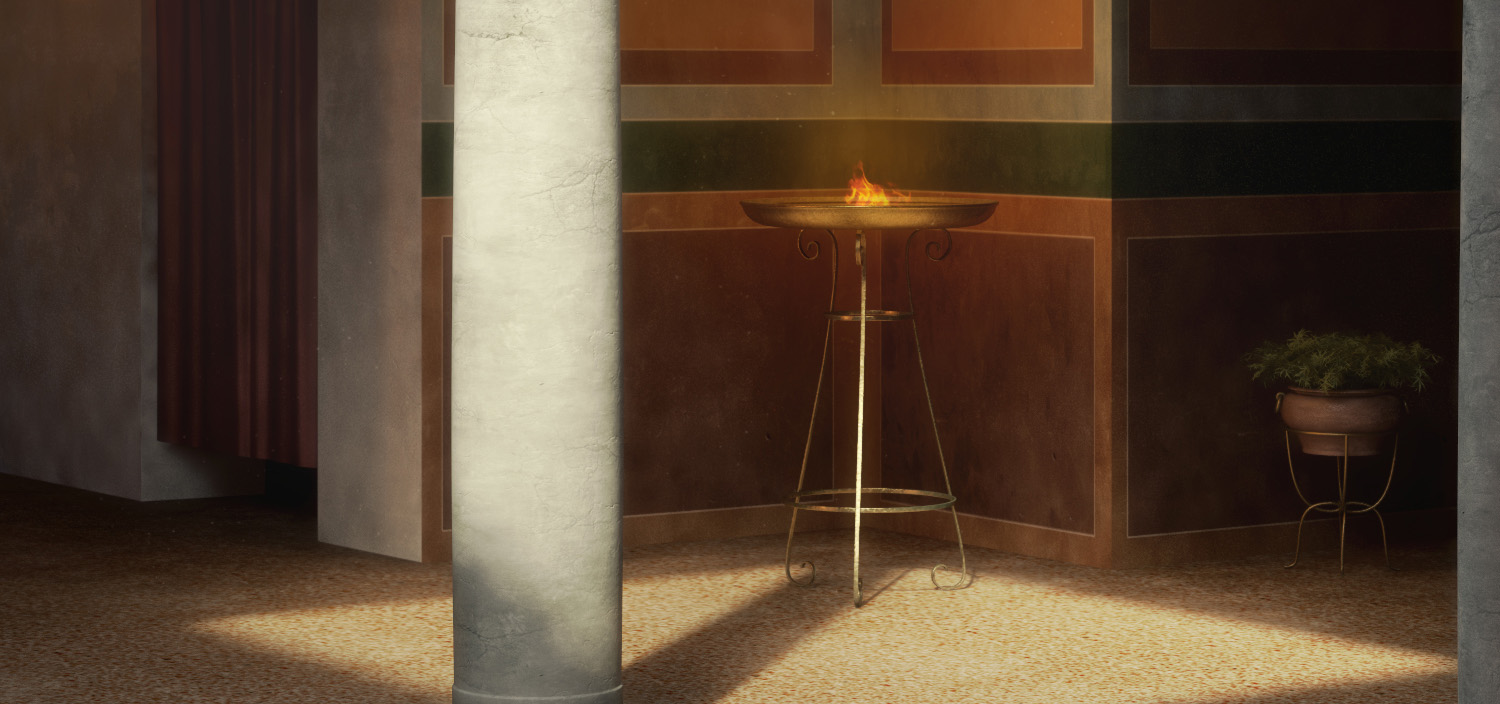Archviz 3d archeological reconstruction of tetrastyle atrium with detailed view of brazier, column and wall frescoes in Roman Domus in Nora on Sardinia, Italy