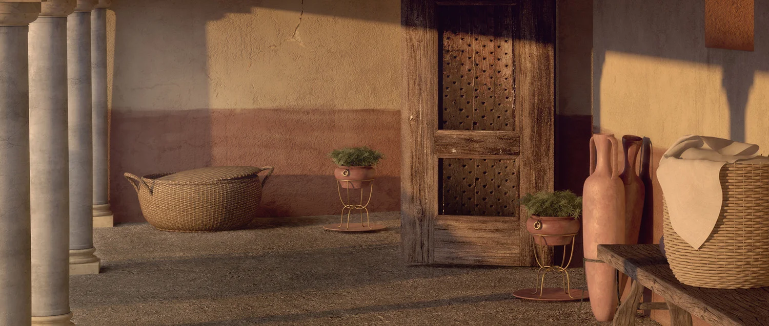 Archviz 3d detailed archeological reconstruction of entrance and household utensils of Roman Domus in Nora on Sardinia, Italy