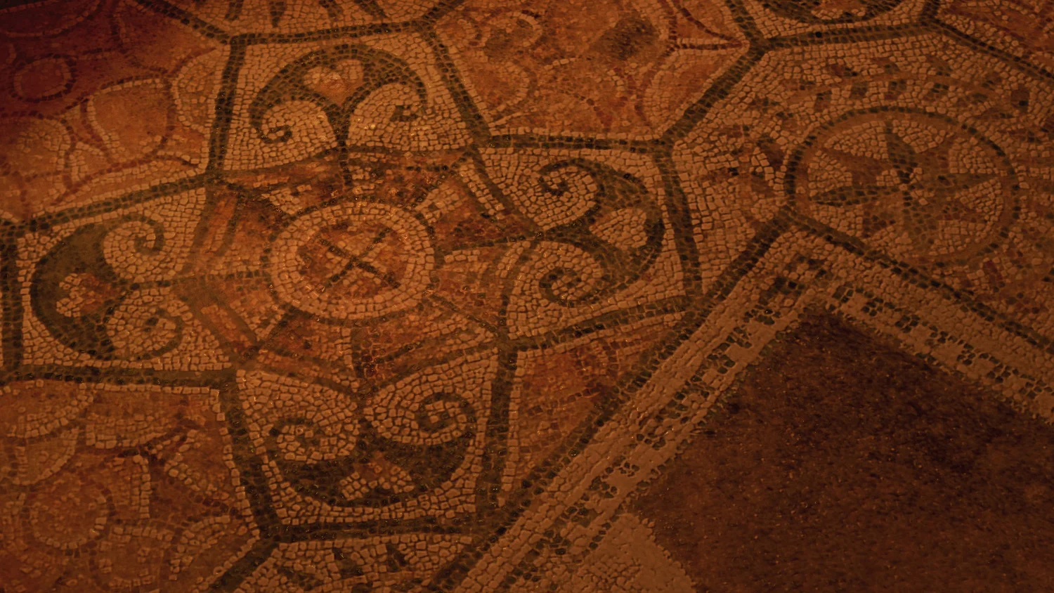 Archviz 3d archeological reconstruction of cubiculum bedroom with a detailed view of a floor mosaic in Roman Domus in Nora on Sardinia, Italy