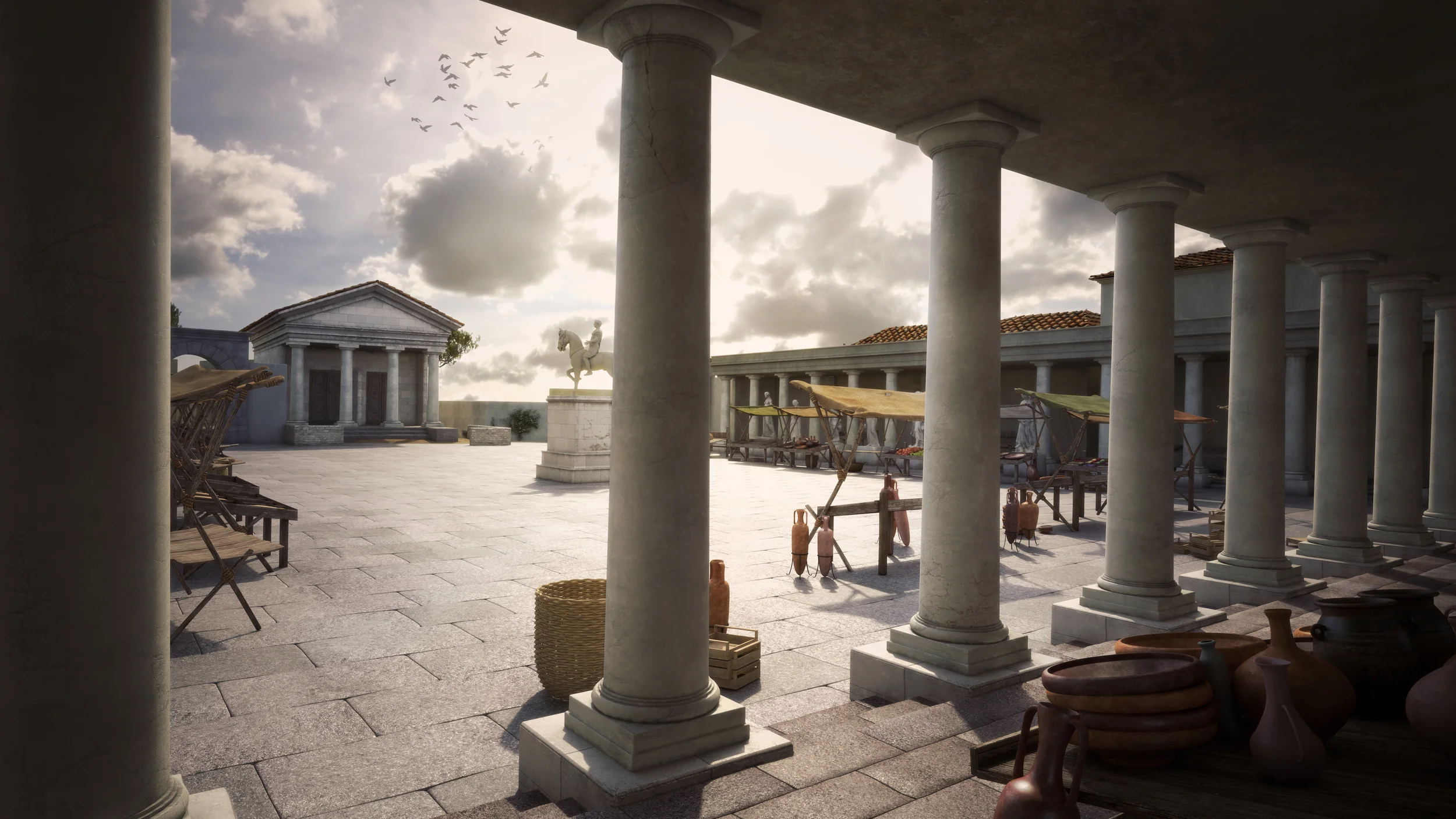 Archviz 3d archeological reconstruction of a roman forum with market, roman temple and an equestrian statue of an emperor in Nora on Sardinia, Italy