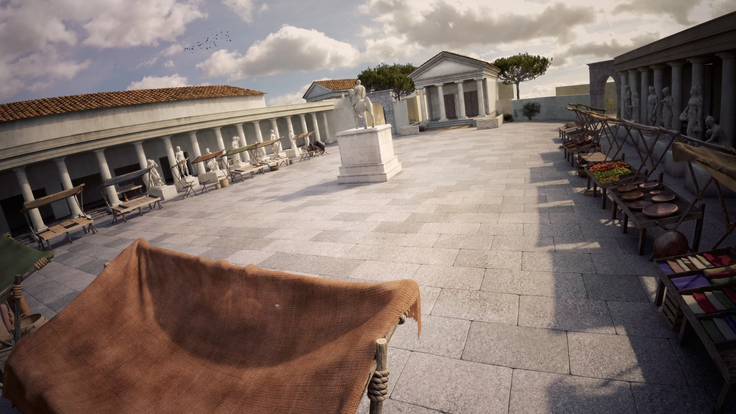 Archviz 3d archeological reconstruction of a roman forum with an equestrian statue of an emperor, a roman temple, and market stalls with goods in Nora on Sardinia, Italy