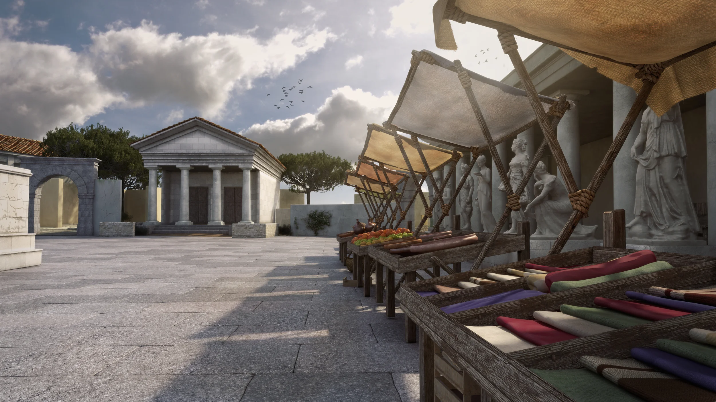 Archviz 3d archeological reconstruction of a roman forum with a roman temple and market stalls with goods in Nora on Sardinia, Italy