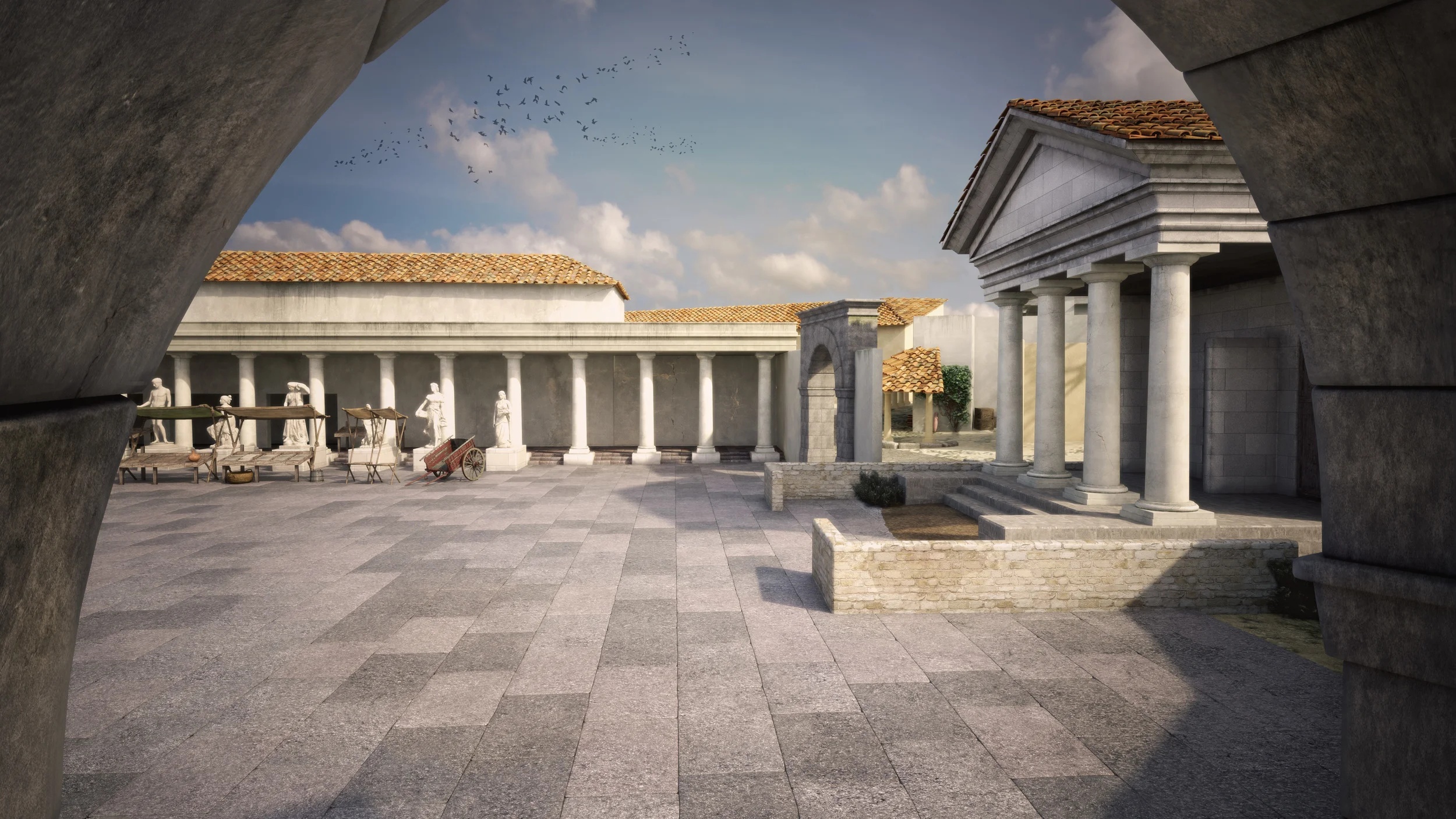 Archviz 3d archeological reconstruction of a roman forum with market, roman temple and statues in Nora on Sardinia, Italy