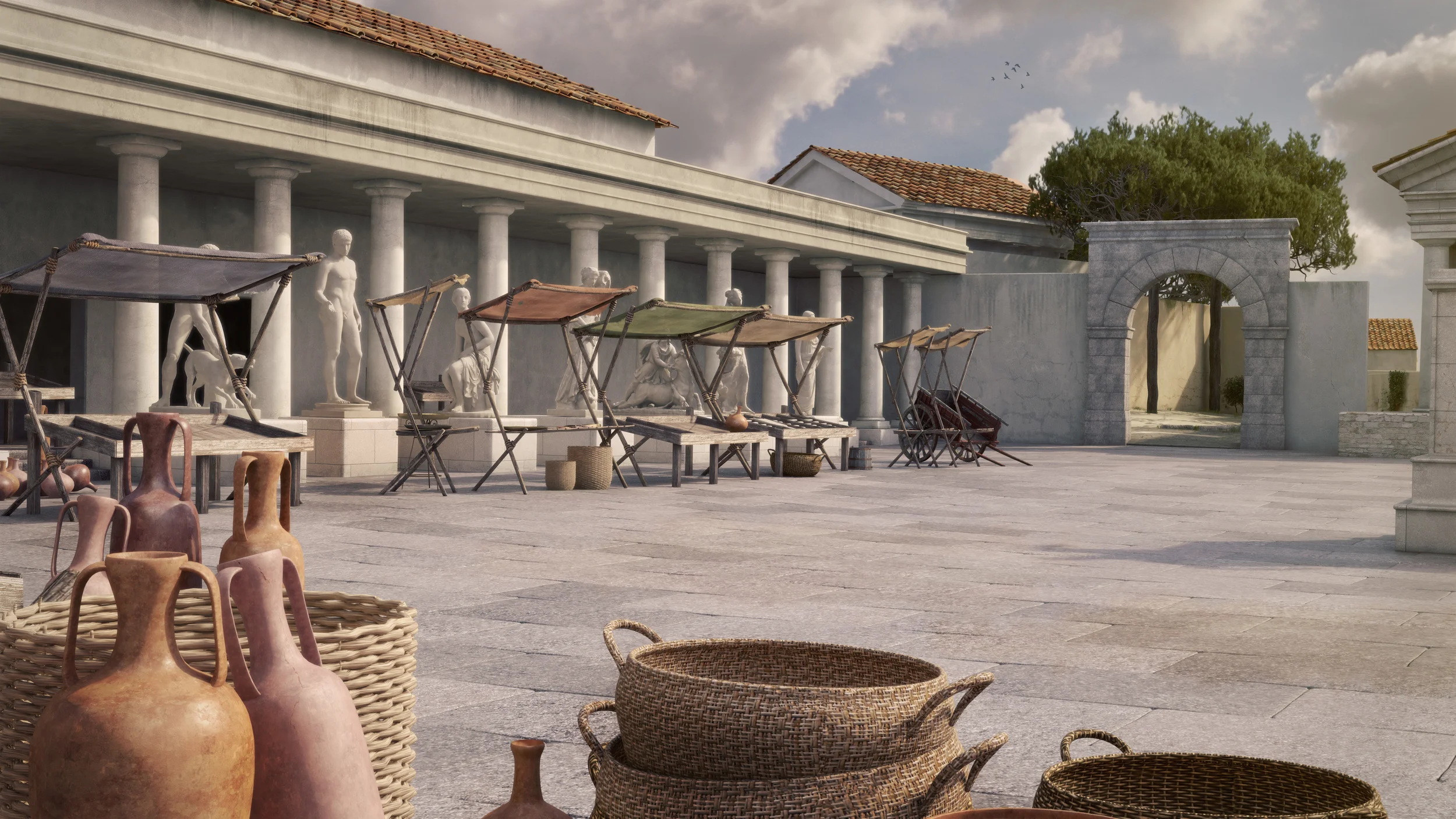 Archviz 3d archeological reconstruction of a roman forum with market and statues in Nora on Sardinia, Italy