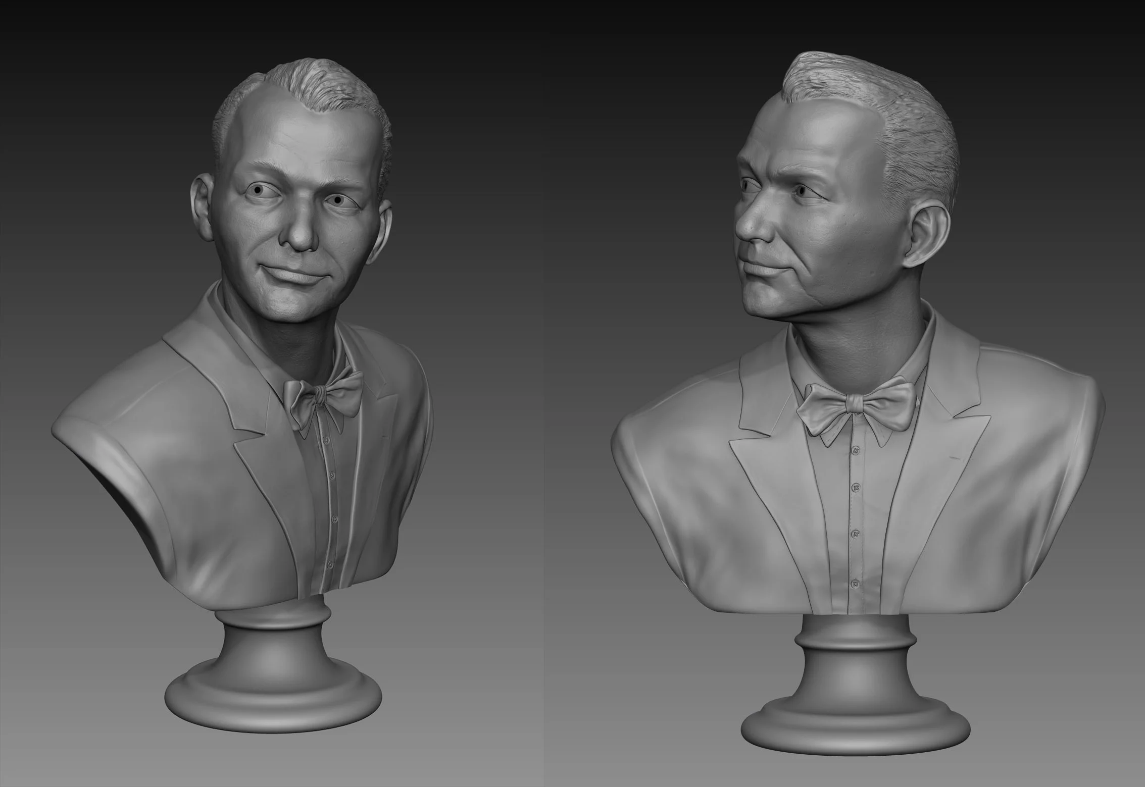 A one to one 3d printed bust of Frank Sinatra painted standing on a column podium wearing Sinatra's original hat from a private collection.