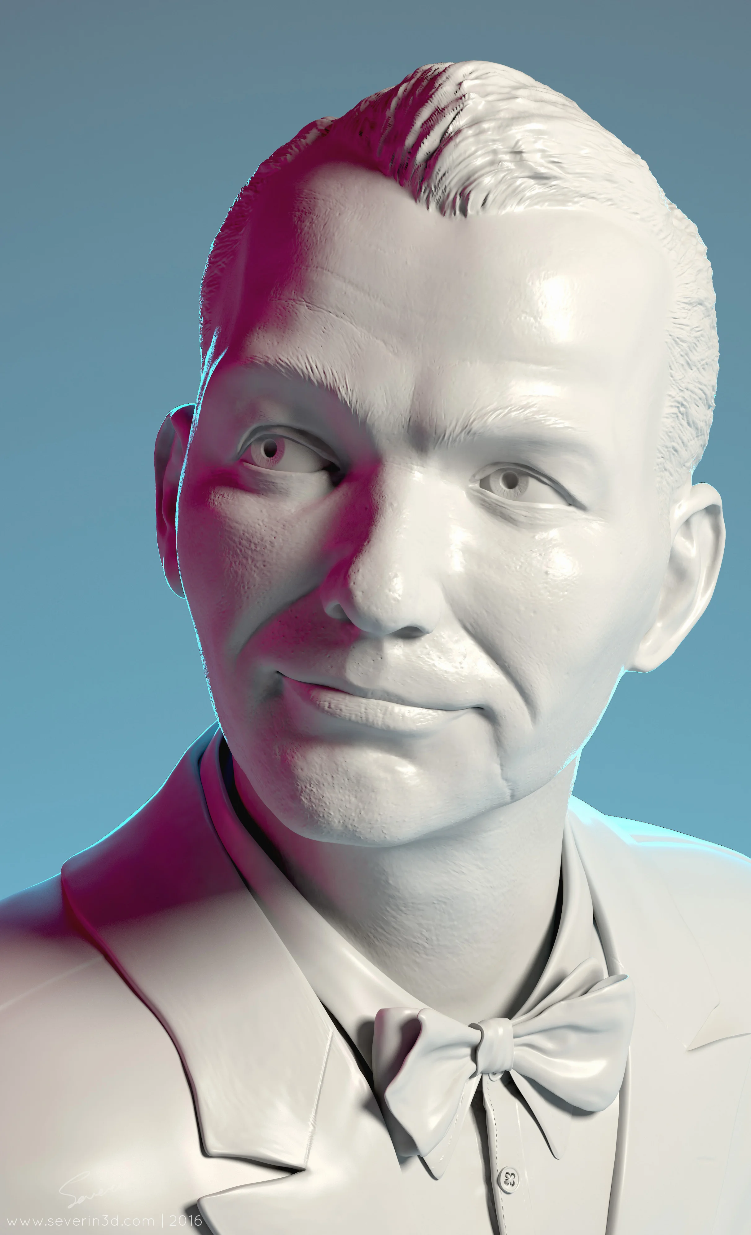 Frank Sinatra bust 3d render closeup with signature