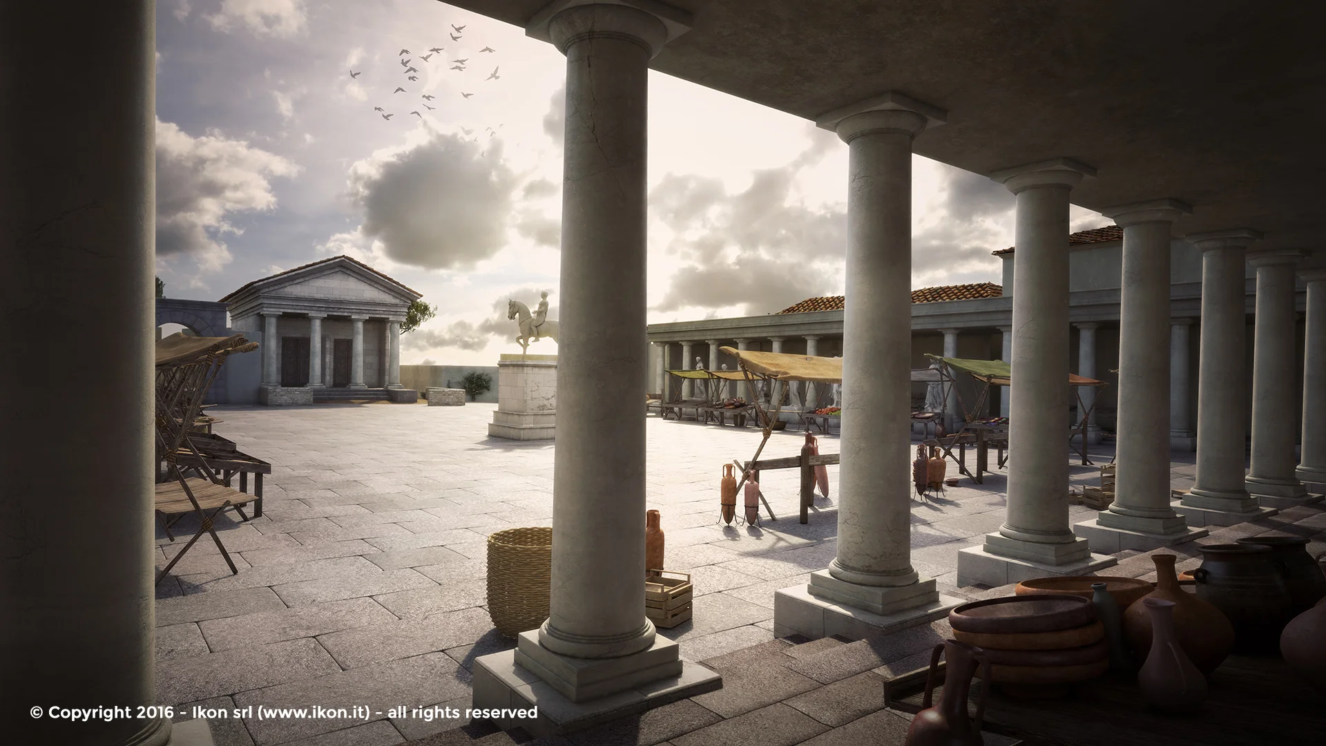 Archviz 3d archeological reconstruction of an ancient roman forum with market, roman temple and an equestrian statue of an emperor in Nora on Sardinia, Italy