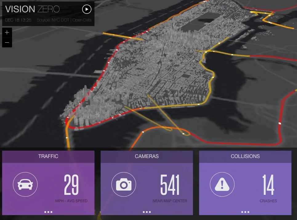 Vision Zero Dashboard shows current traffic conditions along major roads, including recently reported accidents, in New York City