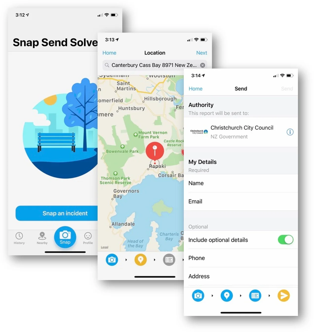Screenshots of the Snap Send Solve app