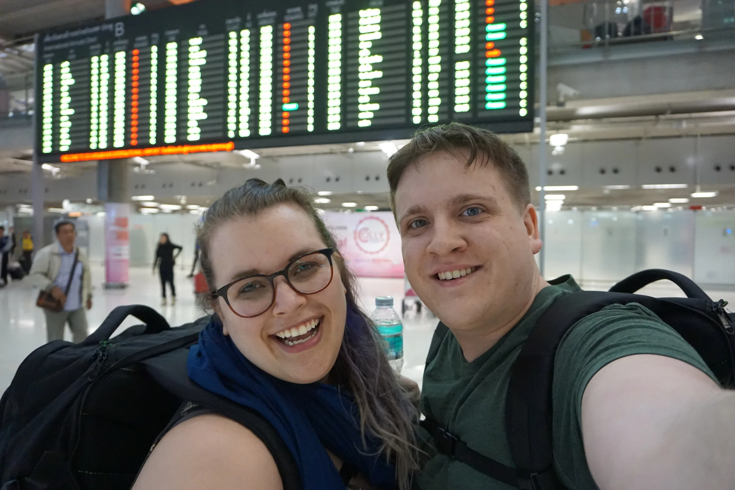 Us and our backpacks after 30 hours of traveling!