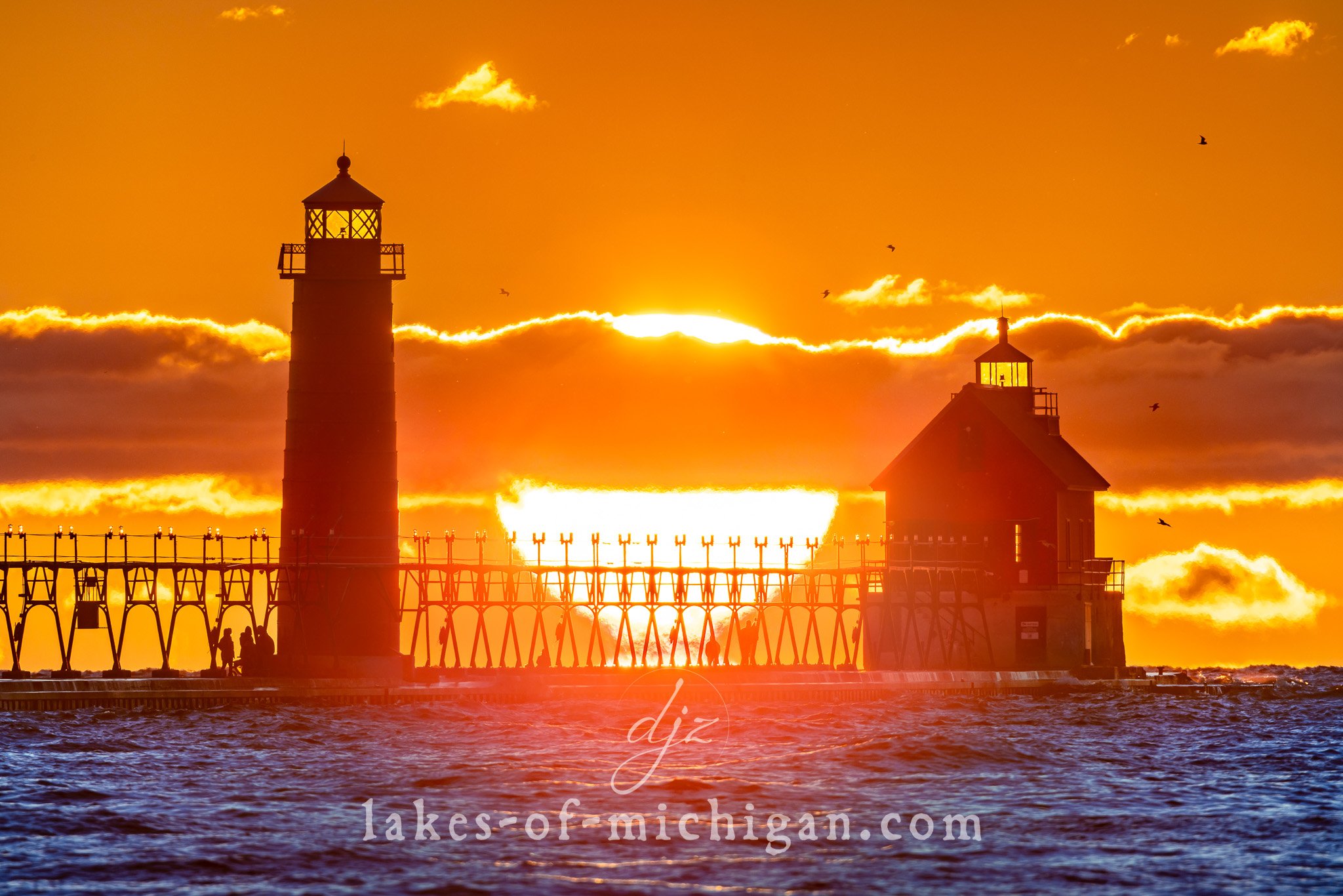 lighthouse water Color photograph lake michigan South haven Fire in the sky big red lighthouse sun sky water and sunset