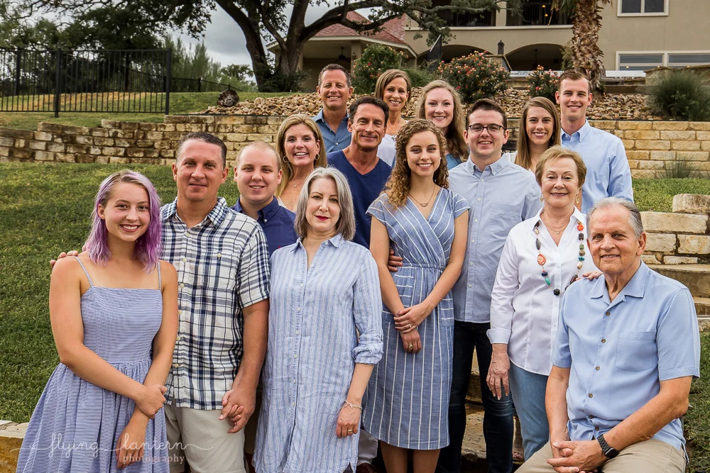 Extended family of 17 people formal portrait in kingsland, tx. Photo by Erin Reas of Flying Lantern Photography