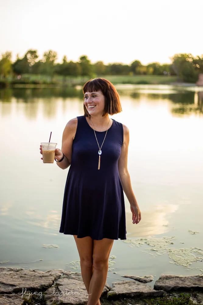Austin blogger at mueller lake park lifestyle headhot holding coffee photography by Erin Reas of Flying Lantern Photography