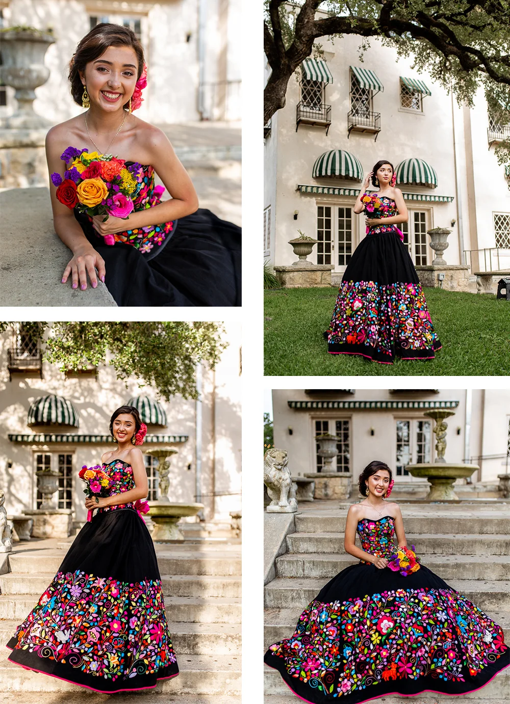 Quinceañera portraits wearing colorful traditional Mexican dress at Laguna Gloria in Austin, TX. Photos by Erin Reas portrait and lifestyle photographer in Austin, TX