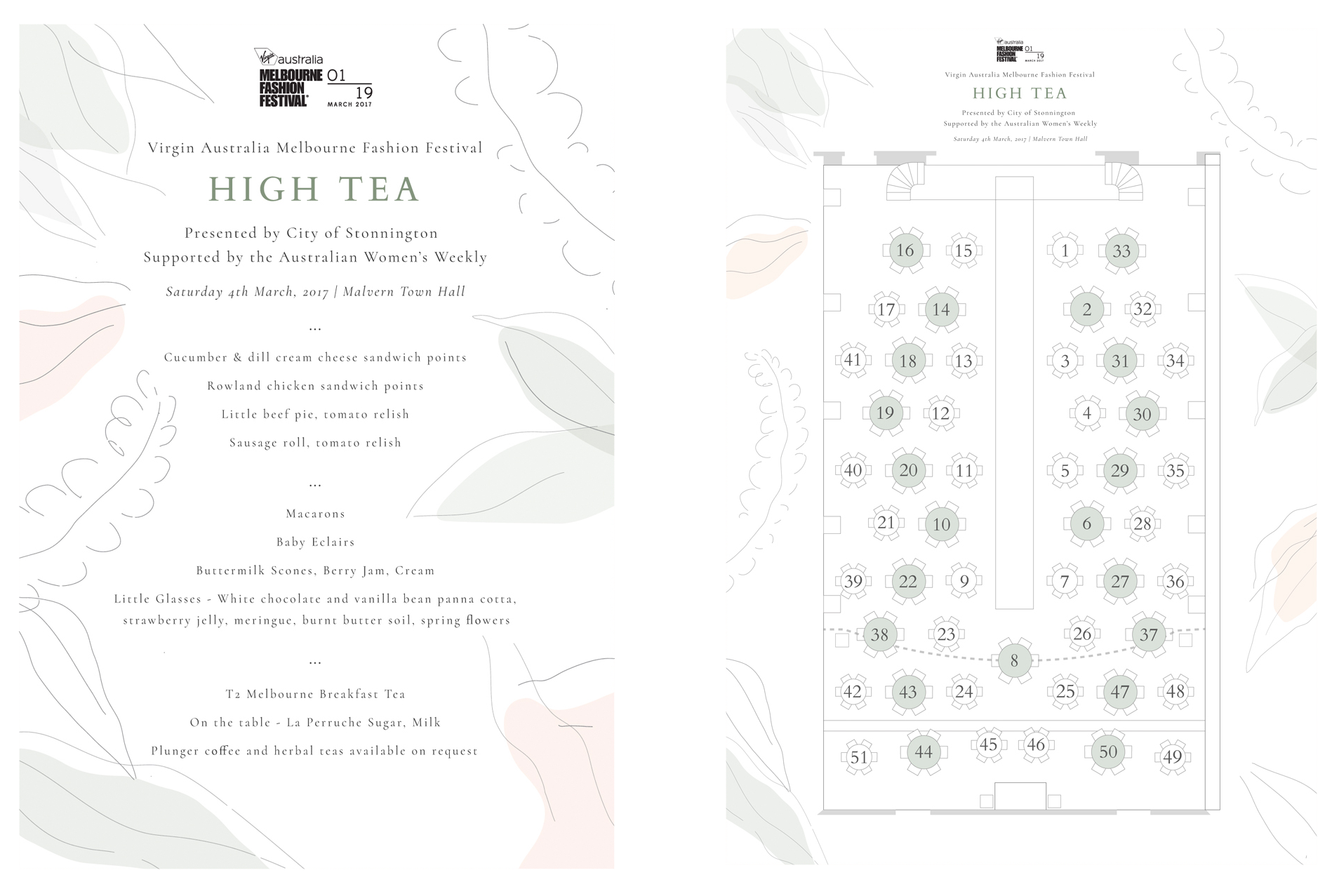 Graphic Design and Illustration of Menu and Seating Plan for VAMMF High Tea