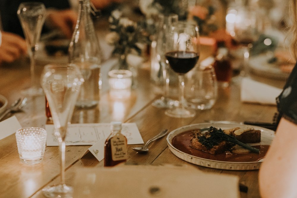 The wedding breakfast by The Hog and Apple at The Normans wedding venue. Photo by Louise Anna Photography.jpg