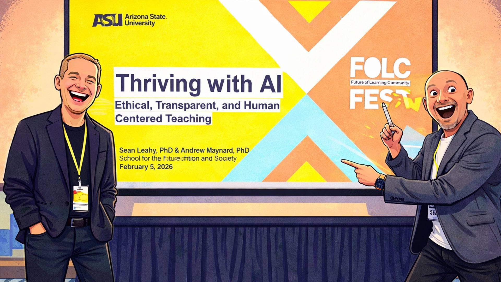 Illustration of Sean and Andrew presenting their workshop title slide