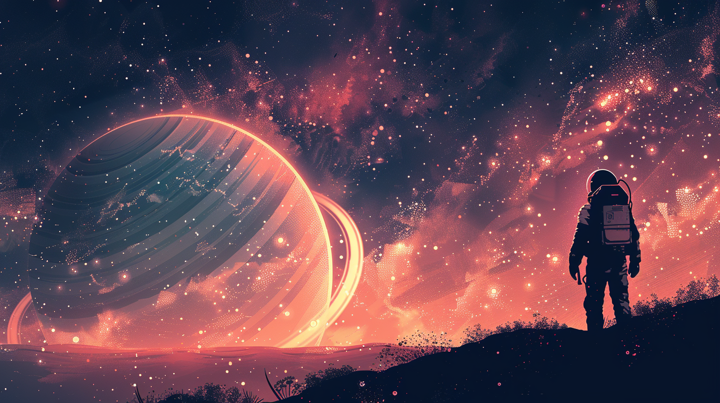 Space Fiction - Astronaut looks onto an alien world in the cosmos