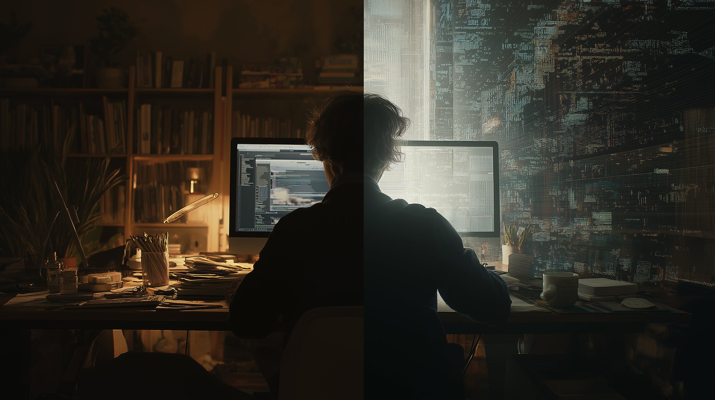 Human sitting at computer with a split half image of regular life and one augmented by AI