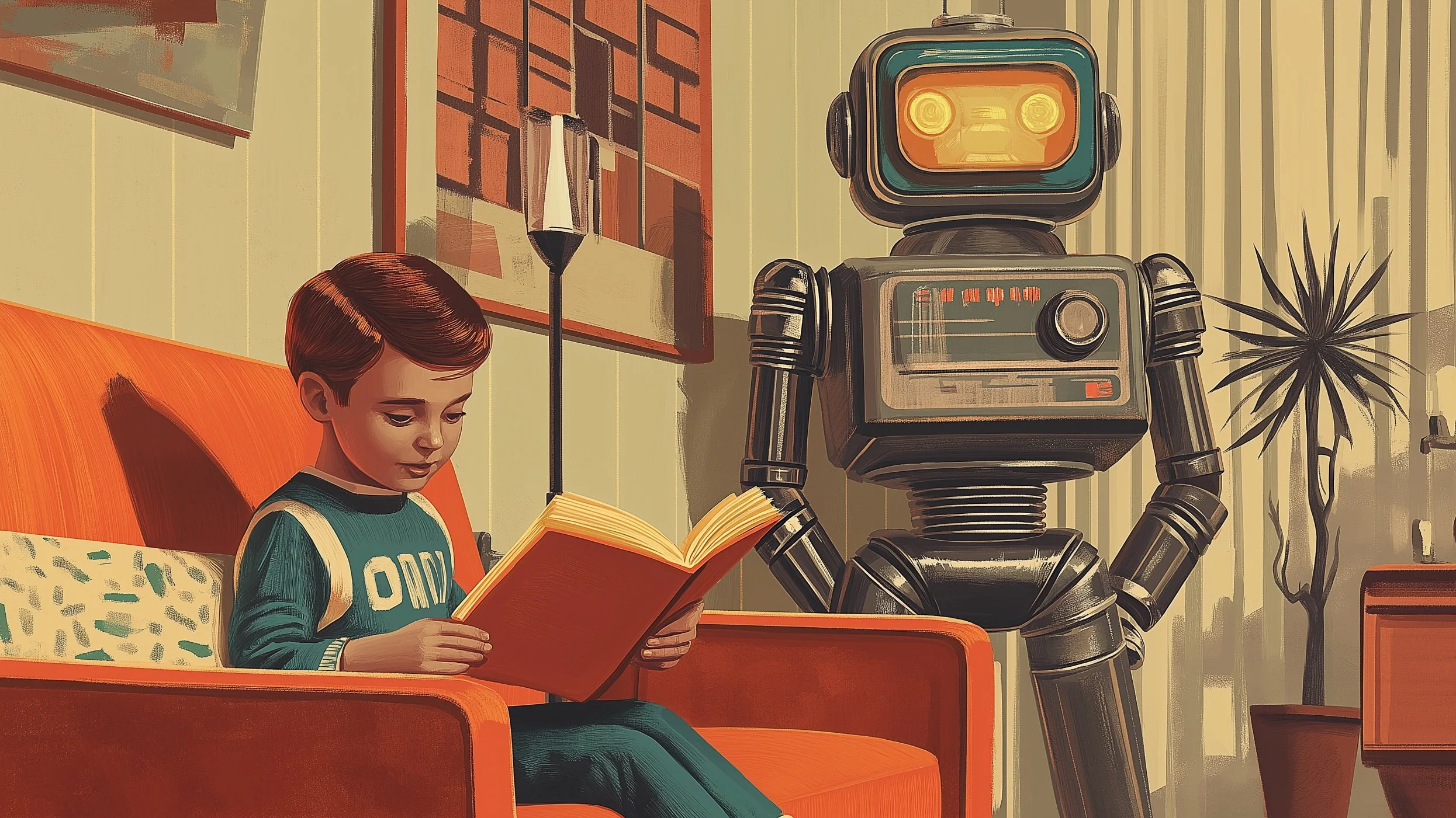 Illustration of Asimov's Fun They Had boy reading by mechanical teacher