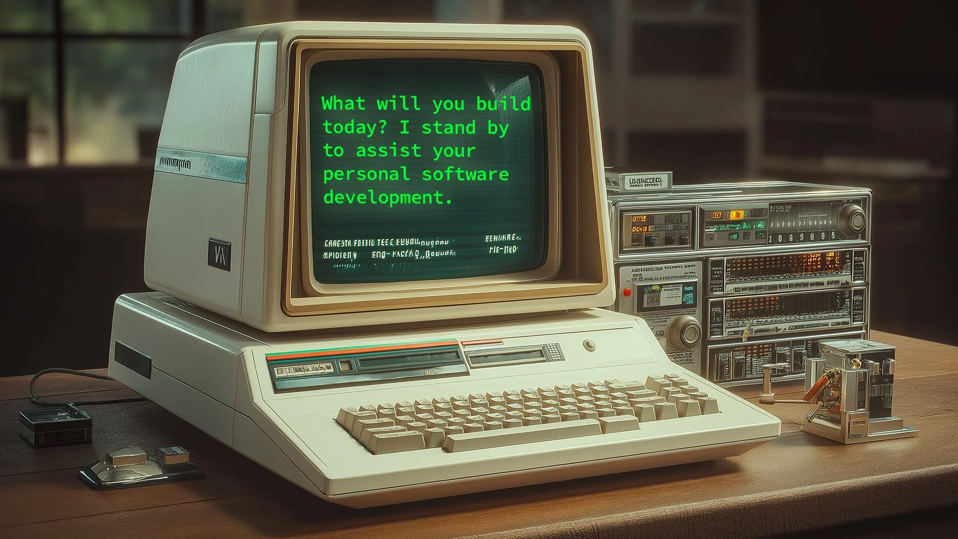 Vintage styled computer terminal with the text "What will you build today?" displayed on screen