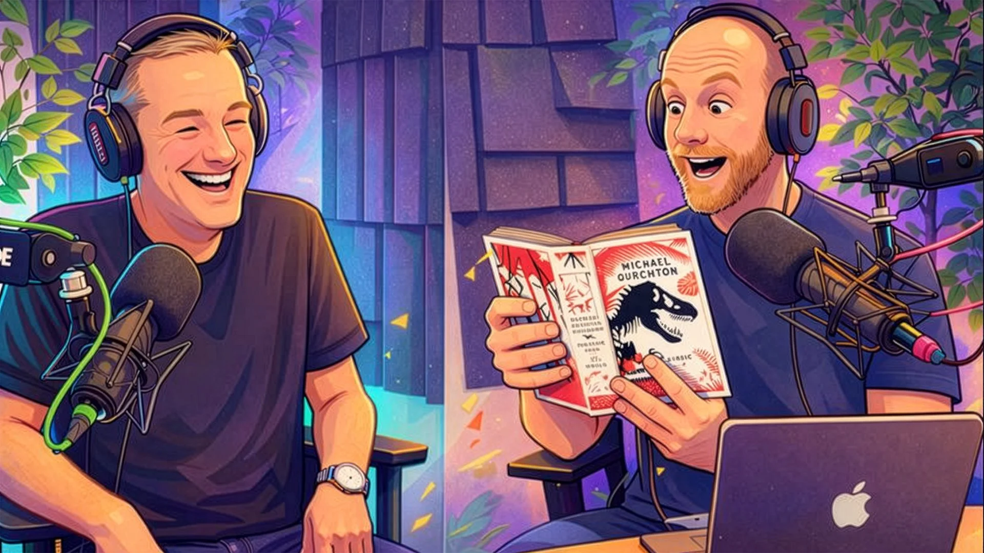 Illustration of Sean and Andrew podcasting while reading a copy of Jurassic Park the novel
