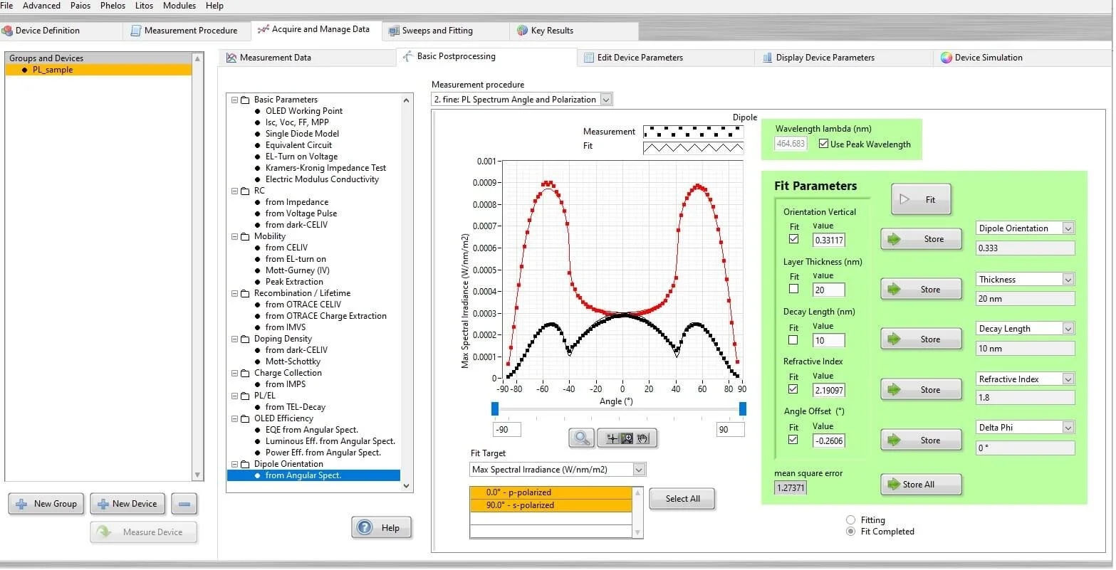 the graphical user interface of the software controlling phelos. The automated fitting procedure helps to extract the orientation of the dipole in the light-emitting layer