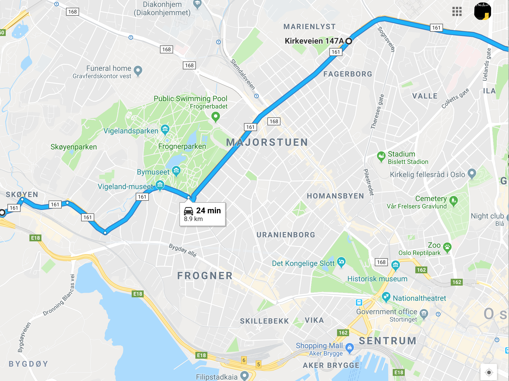 Ring 2 heter også riksvei 161 og er markert blått på kartet.