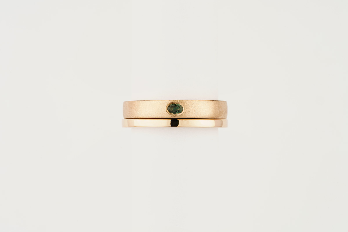  9ct rose gold ring set | flush set oval green sapphire with a satin finish / polished square wedding band 
