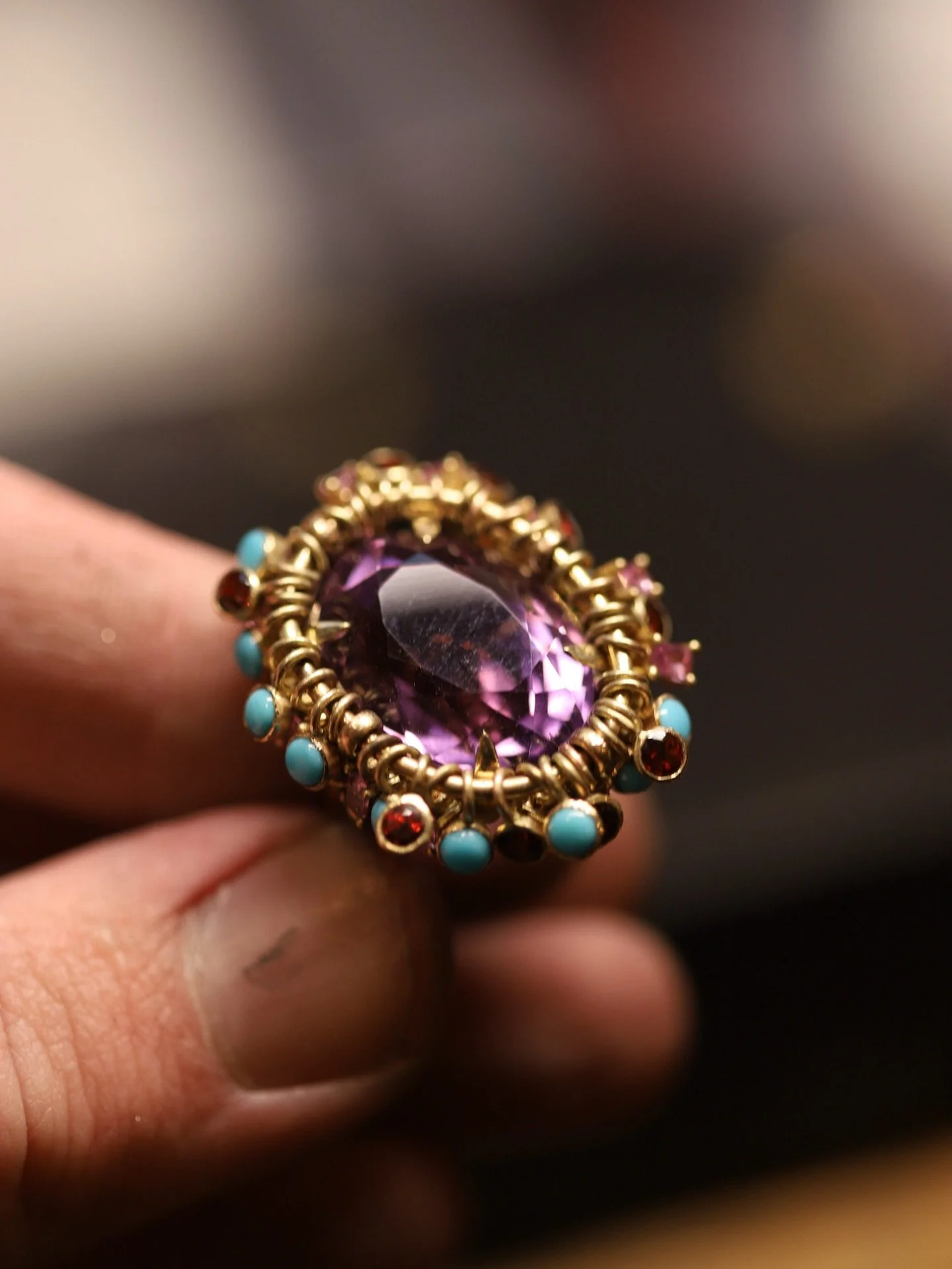 When something brings you so much joy to make&hellip;

&lsquo;Queens Cocktail Ring&rsquo; fresh from the bench. This ring features an articulating halo of turquoise, sapphires, and garnets, with a central amethyst in a deep shade of violet. This piec